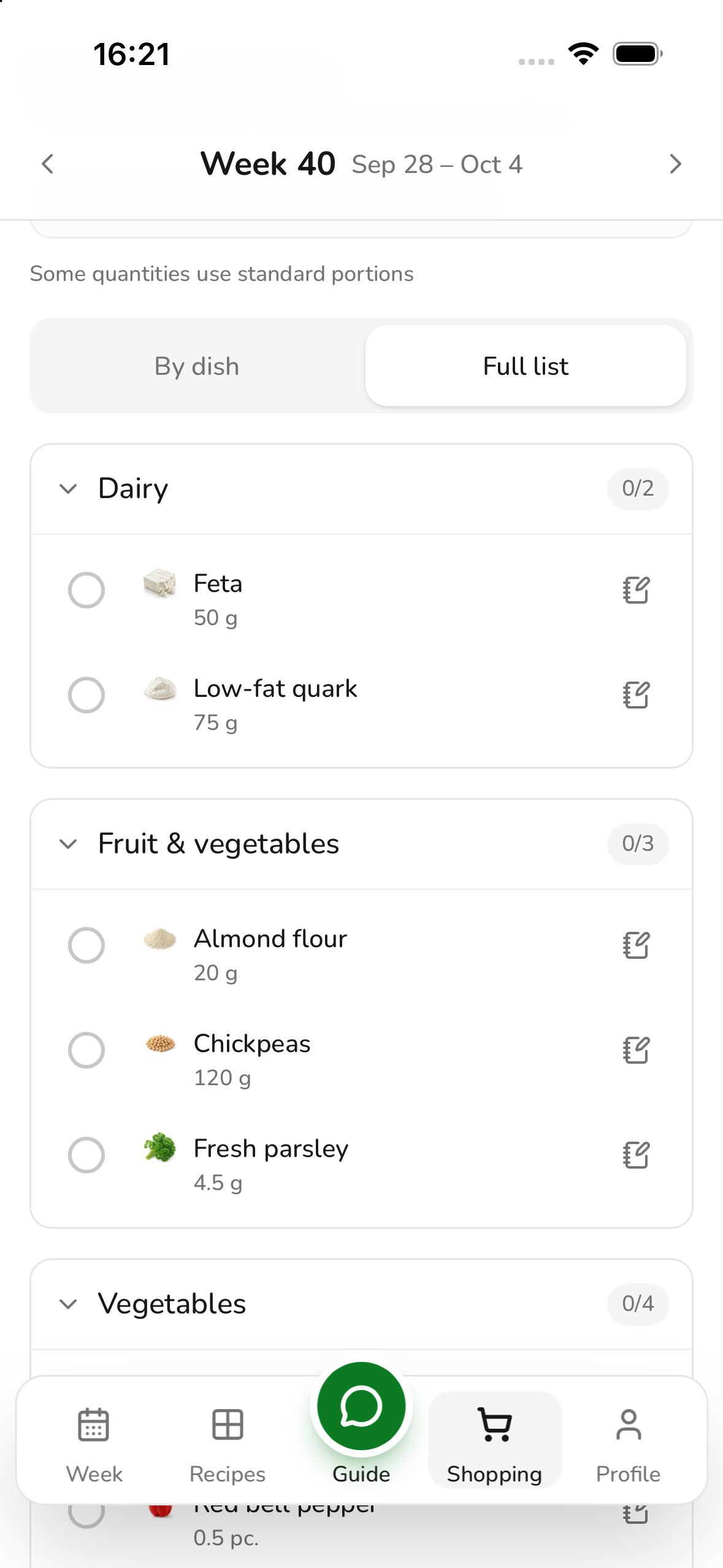 Actual screenshot of the shopping list with ingredients and quantities grouped by category, English app interface